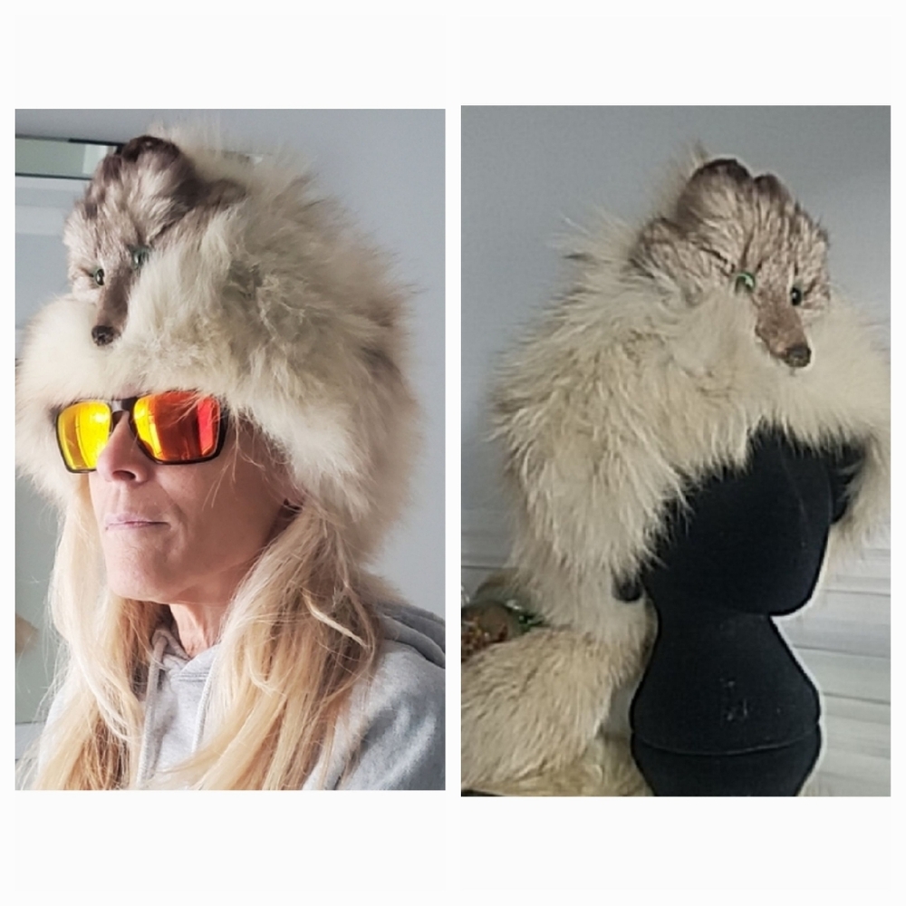 Vintage Coyote Fox Fur Trapper Hat Apres Ski Face & Tail